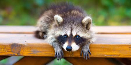 Raccoon, a cute wild mammal with distinctive facial mask, peering directly at the viewer while resting its front paws on a rustic outdoor wooden picnic tableの素材