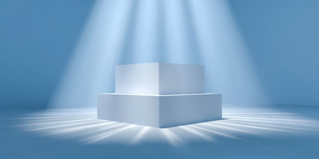 Two-tier geometric podium and pedestal bathed in bright spotlights on a minimalist blue backdrop, sleek modern display stage for product, award, or promotional showcaseの素材