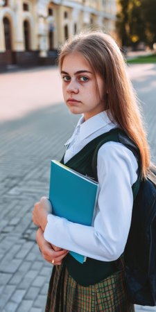 Young schoolgirl student wearing uniform, carrying books and a backpack, standing on a paved street and feeling sad while looking directly at the cameraの素材
