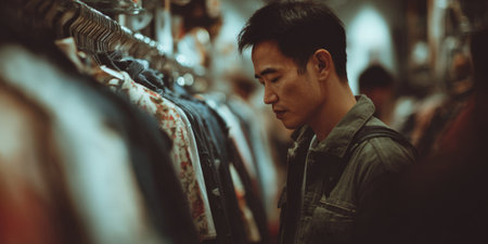 Asian man browsing jackets on a store rack, thoughtfully selecting apparel while shopping in a boutique or department store, capturing everyday retail and consumer choiceの素材