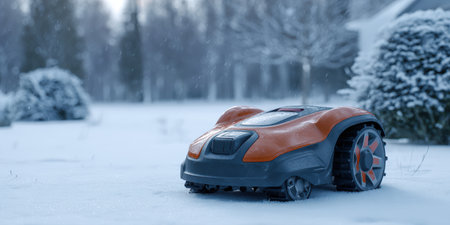 Automated robotic lawn mower featuring an orange and gray design, standing motionless in a snow-covered suburban garden during a cold winter day with light snowfallの素材