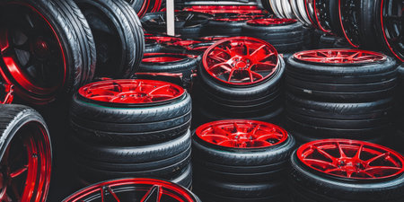 Rows of automotive tires featuring vibrant red alloy wheels are neatly organized in a warehouse, presenting an inventory of auto accessories for vehicle customization and performanceの素材