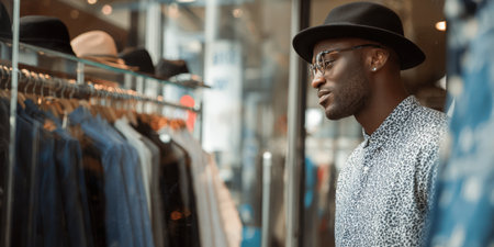 Young black man in hat and glasses browsing stylish clothes on hangers in a modern boutique, considering new arrivals and making a confident, fashionable shopping choiceの素材