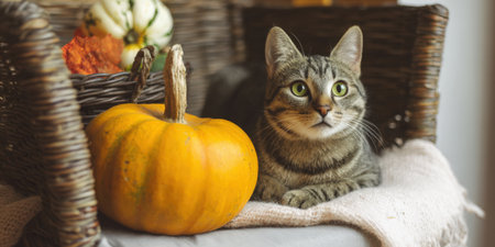 Tabby cat with green eyes relaxing on a cozy knit blanket next to a vibrant orange pumpkin, creating a warm autumnal scene with decorative gourds and wicker basket in the backgroundの素材