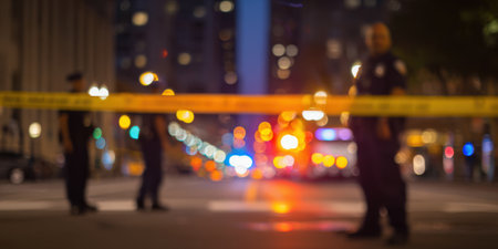 Police officers standing behind yellow barrier tape, securing a city street at night during an ongoing investigation with flashing emergency lights in the blurred backgroundの素材