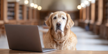 Golden retriever dog sits attentively at a wooden desk in a classic library setting, engaging with a laptop, representing intelligence and modern educationの素材