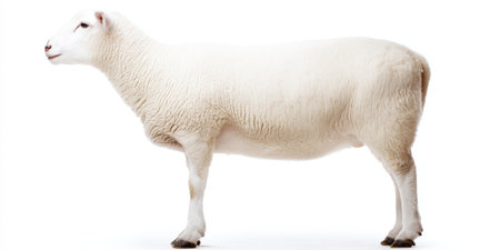 White sheep with soft wool standing full-length in profile, showcasing its domestic livestock nature and representing concepts of farm animals, purity, and natural fiberの素材