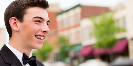 Happy teenage boy with dental braces smiling, wearing a formal black tuxedo and bow tie, with a blurred urban background creating a sense of celebration and looking forwardの素材