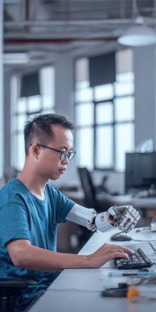 Young man wearing glasses and a blue t-shirt sitting at a desk, typing on a computer keyboard with his left hand and a detailed bionic prosthetic right armの素材