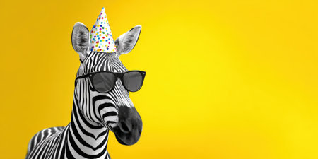 Zebra wearing a colorful confetti party hat and stylish black sunglasses, posing to the right against a vibrant yellow background, creating a cheerful, playful, and quirky celebration conceptの素材