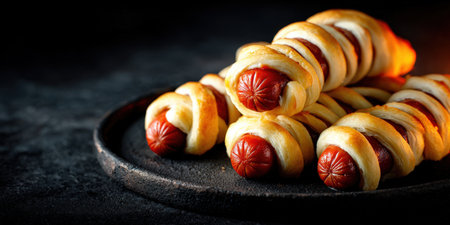 Pigs in a blanket: golden-brown sausages wrapped in flaky pastry, served as bite-sized savory appetizers on a dark plateの素材
