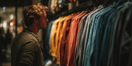 Young man browsing a rack of colorful shirts in a dimly lit boutique, weighing fashion choices while selecting casual apparel in a modern retail clothing storeの素材