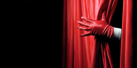 Gloved hand pulling aside a luxurious red velvet theater curtain, revealing a dark empty stage and symbolizing the start of a performance, drama, or new beginningの素材