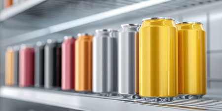 Shiny aluminum beverage cans displaying a variety of colors are neatly arranged in a single row on a refrigerated supermarket shelf, representing choice and consumer productsの素材