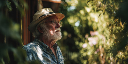 Senior man in a straw hat and glasses looking up with a pensive expression, enjoying the warm light and peaceful atmosphere of his lush garden, reflecting on life and memoriesの素材
