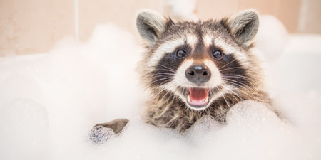 Raccoon sitting in a bathtub full of white suds, looking directly at the viewer with an open mouth and bright eyes, appearing to enjoy the refreshing and clean bath experienceの素材