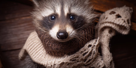 Raccoon wearing a cozy knitted scarf and sweater, posing in a close-up portrait with a warm, rustic wooden background, representing comfort and warmthの素材