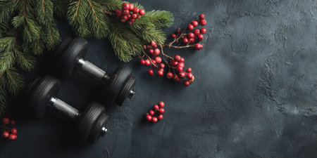 Dumbbells on a dark background with festive pine branches and red berries evoke winter workouts, holiday fitness goals and new year resolutions for a healthy lifestyleの素材
