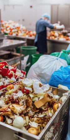 Worker sorting vegetables, onion peels, and other organic food waste on a table, preparing it for composting and recycling in an industrial kitchen or processing facilityの素材