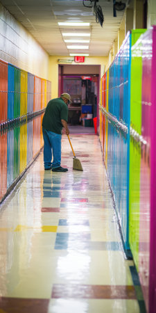 Custodian sweeping a bright school hallway with colorful lockers, maintaining clean tiled floors and orderly corridors as part of daily maintenance and hygiene routineの素材