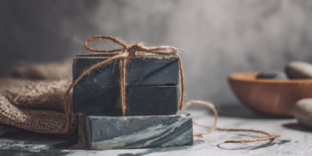 Black charcoal soap bars tied with twine, symbolizing natural beauty and organic skin care, arranged with a natural loofah, wooden bowl, and spa stones on a rustic grey backgroundの素材