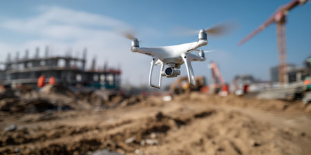 White modern drone flying over a large construction site with blurred heavy machinery and a developing building structure in the background, representing aerial surveying technologyの素材