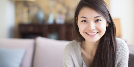Young asian woman posing for a portrait, smiling brightly at the camera while relaxing comfortably on a sofa at home, conveying happiness and a carefree lifestyleの素材