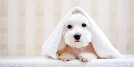 White maltese puppy peeking from under a towel while lying on a clean towel after grooming, looking at camera, fluffy, fresh, pampered pet in bright studio settingの素材