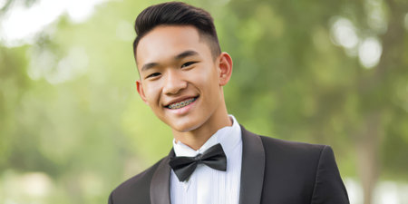 Young asian man with braces smiling at the camera, wearing a formal black tuxedo with a bow tie while standing outdoors, representing concepts like confidence and youthの素材
