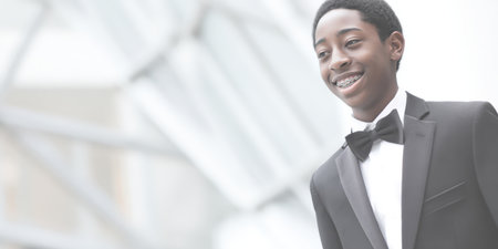 African american teenage boy in a stylish black tuxedo and bow tie, smiling with braces, posing confidently against a bright modern backdrop for prom or formal celebrationの素材