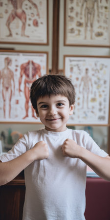 Cheerful young boy feeling strong and healthy, flexing his biceps in a classroom with human anatomy posters on the wall, showing an interest in body scienceの素材