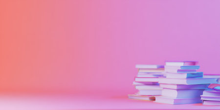 Books are stacking in an organized manner on a table. Representing concepts of education. Learning. And knowledge acquisition against a vibrant pink and purple gradient backdrop with ample copy spaceの素材