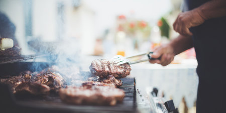 Person using tongs to turn a large steak on a smoking charcoal grill at an outdoor summer backyard party, producing smoky sizzle and a deliciously charred mealの素材