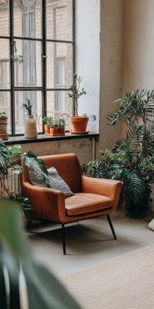 Warm, inviting living room corner with a brown leather armchair and cushion, lush green houseplants by a large industrial window bathing the space in soft natural lightの素材
