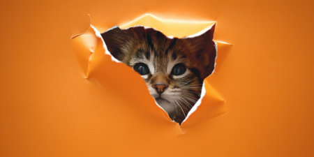 Tabby kitten peeks through a torn orange paper background, playful and curious expression as it emerges from a holeの素材