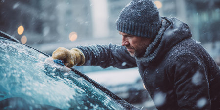 Man in warm coat and gloves scraping ice and snow from a car windshield with an ice scraper on a frigid winter morning, preparing the vehicle for a difficult commuteの素材