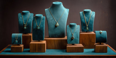 Turquoise and gold necklaces and pendants displaying on teal velvet mannequins and wooden risers, presenting luxurious jewelry for sale in a boutique settingの素材