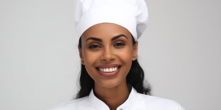 Young female chef looking at camera and broadly smiling, wearing a white uniform and toque, representing culinary profession, expertise, and hospitalityの素材