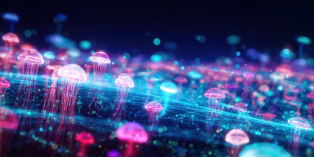 Luminous bioluminescent jellyfish navigating an abstract underwater digital landscape, symbolizing science, ai and virtual connectivity within a vibrant neon particle networkの素材