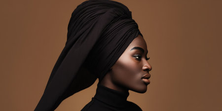 Confident young black woman posing in profile, wearing a chic black turtleneck and an intricately styled matching fabric headwrap, exuding beauty, grace, and fashion on a brown backgroundの素材