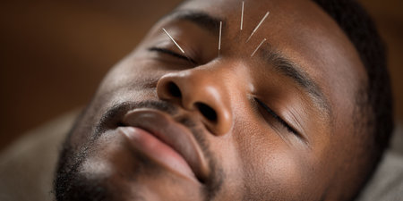 African american man lying with closed eyes, experiencing an acupuncture session with needles placed on his forehead and around the eye area, promoting health, therapy, and alternative medicineの素材