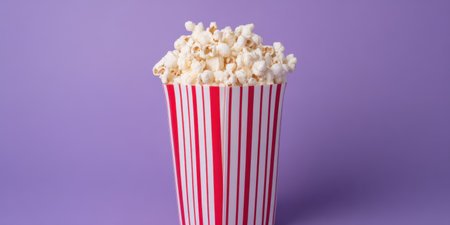 Popcorn overflowing a classic red-and-white striped paper container on a purple background, evoking movie nights, cinema snacks, home viewing, leisure and tasty crunchy treatsの素材