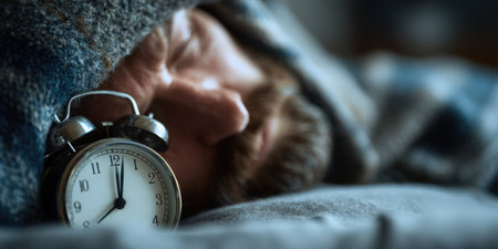Tired man resting comfortably in bed while an old-fashioned alarm clock with hands pointing at midnight or noon sits next to him, highlighting the concept of sleep, time, and morning wake-upの素材