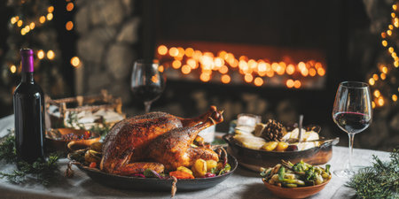 Holiday table presenting roasted turkey with side dishes and red wine glasses, creating a cozy atmosphere with warm fireplace lights in the backgroundの素材