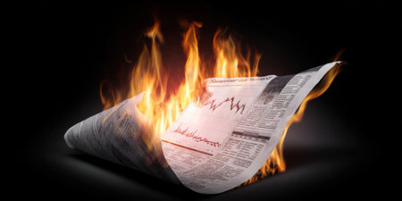 Newspaper sheet with stock market charts catching fire, symbolizing a severe financial crisis, economic collapse, business downfall, and urgent news of global market turmoilの素材