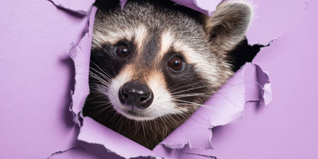 Raccoon head is emerging from a torn purple paper background, looking with curiosity and surprise, symbolizing discovery, breakthrough, or unexpected appearanceの素材