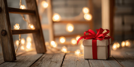 Holiday gift box wrapped with a red ribbon tied in a bow sitting on a rustic wooden floor with glowing string lights creating warm bokeh in the background, conveying a cozy festive atmosphereの素材