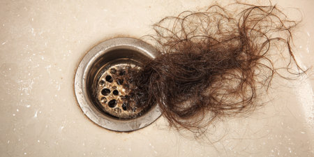 Brown hair collecting around a metal drain in a grimy sink or shower, symbolizing common issues like hair loss, plumbing problems, and a need for hygieneの素材