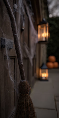 Broom decoration with cobwebs adorning a house entrance for halloween, featuring glowing lanterns and pumpkins creating a spooky, traditional, and festive atmosphereの素材