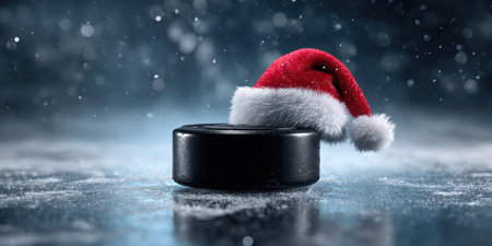Hockey puck presenting festive christmas celebration concept for winter holidays and sport championship, sitting on frosted ice with falling snow and blue backgroundの素材